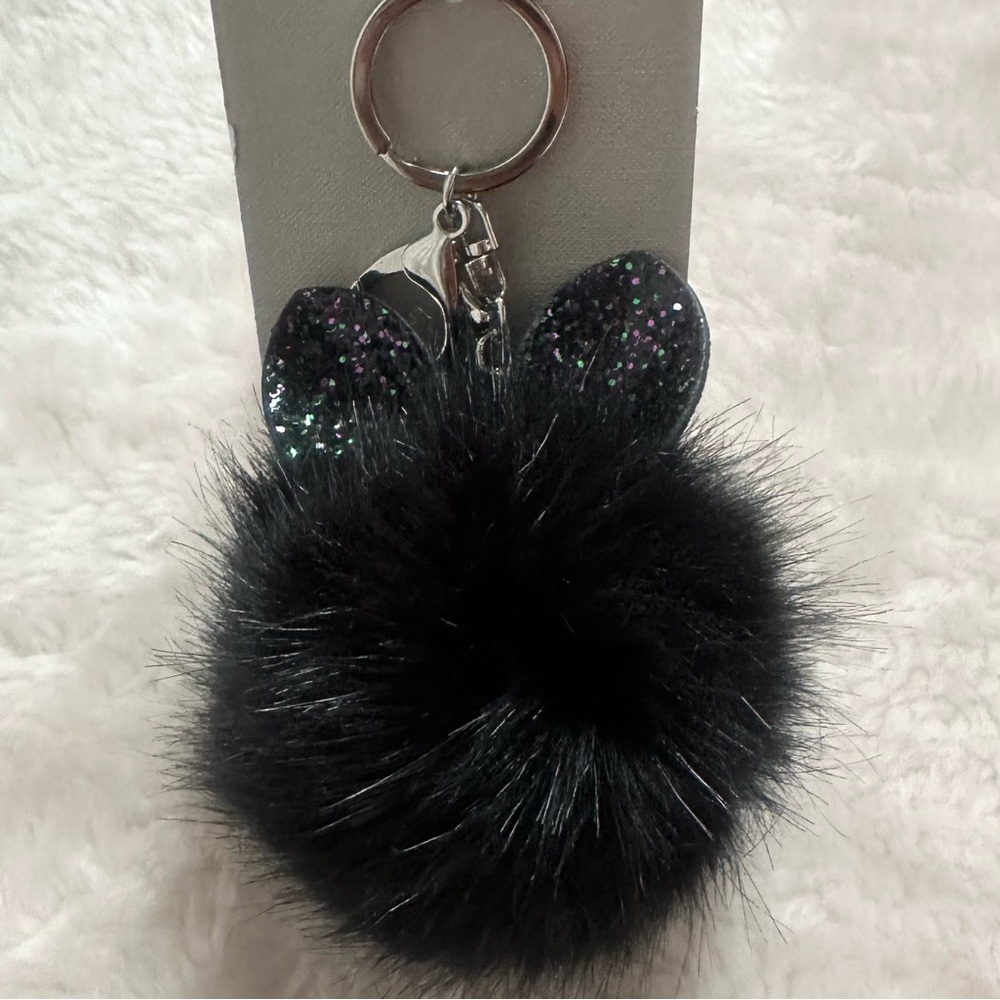 Black Glitter Ears Fluffy Ball Key Ring